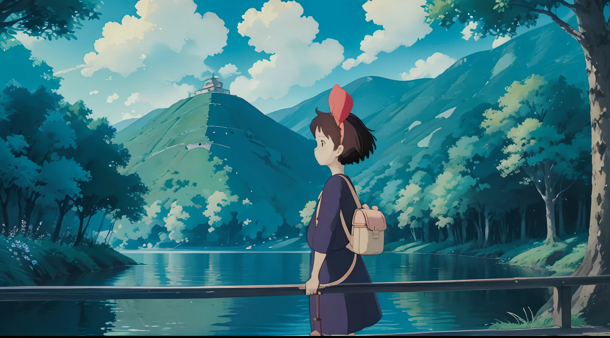 （Studio Ghibli style 1.3）（Ghiblido color tone 1.3）A -yeld giBy the lake in the forest，Little squirrels are by your side，flower  sea，having picnic，There are a lot of fruits，Extreme light and shadow，Aurora chase，Extreme ambient light，The ultimate lake reflection，heal，bright sun，（with blue sky and white clouds）（and its delicate facial features1.3）（and its delicate eyes1.3）（Ultra-wide angle shooting1.2）tmasterpiece，awardwinning，（Miyazaki Hayao Witch House Express Style 1.3）In the clouds，Skysky，（Huge red bow on the head 1.2）（Carry a cute white bear backpack 1 cross-body.2）