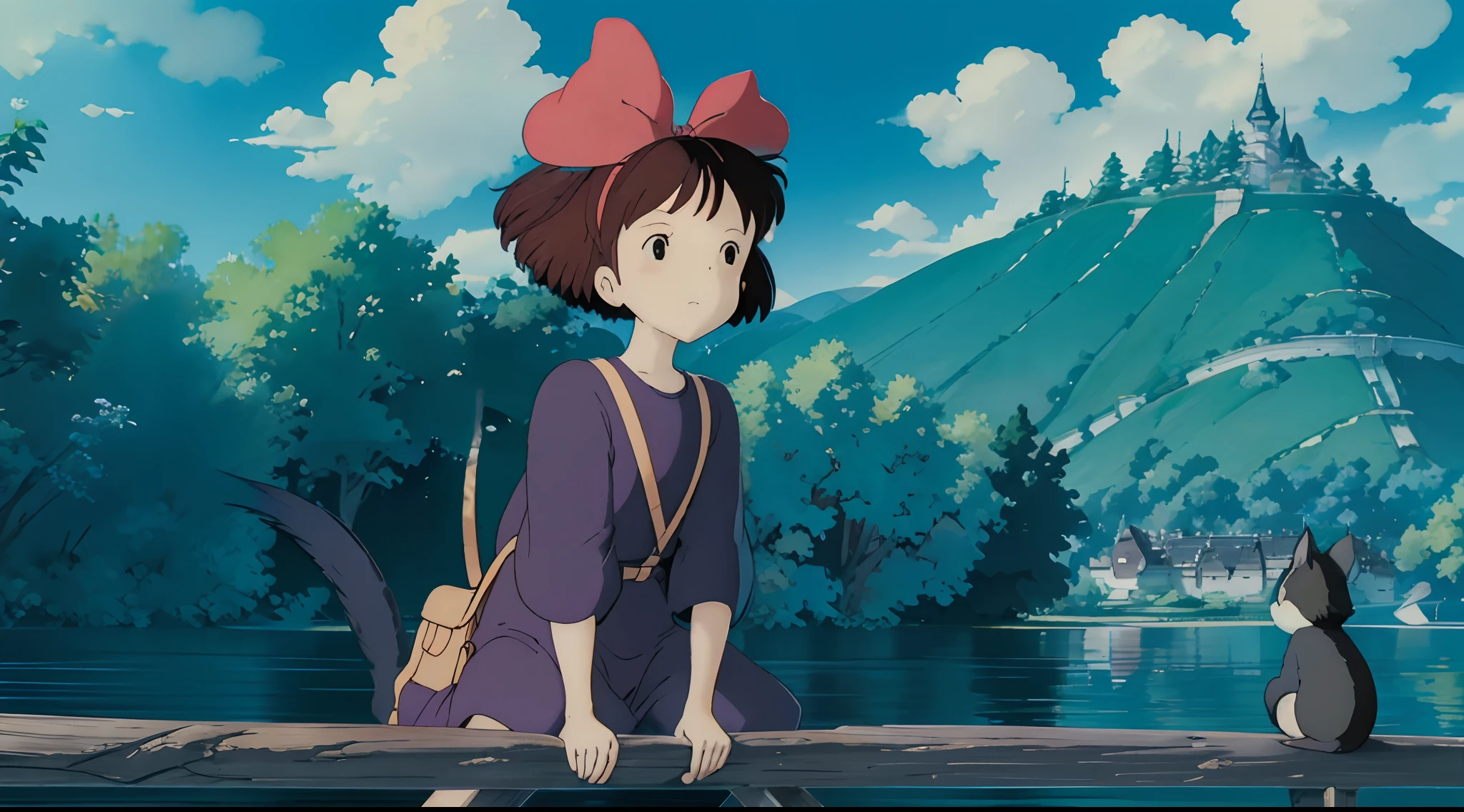 （Studio Ghibli style 1.3）（Ghiblido color tone 1.3）A 13-year-old girl，By the lake in the forest，Little squirrels are by your side，flower  sea，having picnic，There are a lot of fruits，Extreme light and shadow，Aurora chase，Extreme ambient light，The ultimate lake reflection，heal，bright sun，（with blue sky and white clouds）（and its delicate facial features1.3）（and its delicate eyes1.3）（Ultra-wide angle shooting1.2）tmasterpiece，awardwinning，（Miyazaki Hayao Witch House Express Style 1.3）In the clouds，Skysky，（Huge red bow on the head 1.2）（Carry a cute white bear backpack 1 cross-body.2）