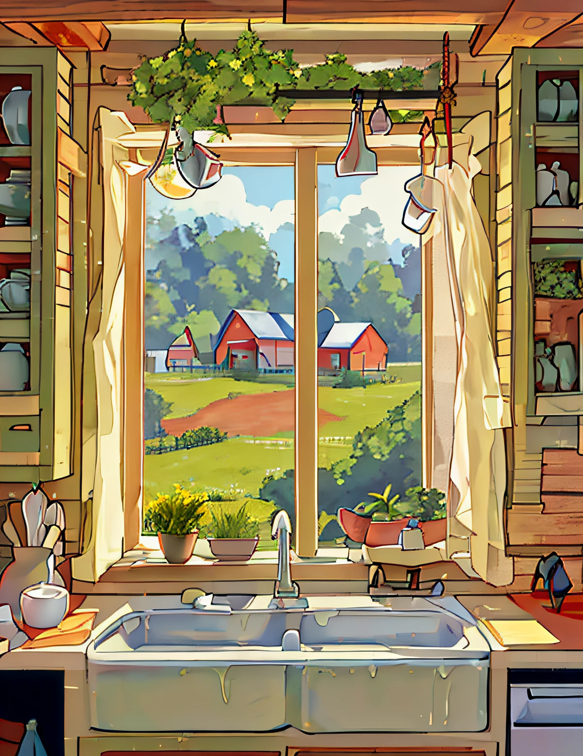 painting of a farm scene with a farm scene and a farm sink, by David B. Mattingly, by Susan Heidi, by David G. Sorensen, by Ronald Davis, rural splendor, by Rob Alexander, by John Blair, window open, inspired by Grant Wood, by Mary Davis, by Michael James Smith, by Wayne England, house kitchen on a sunny day