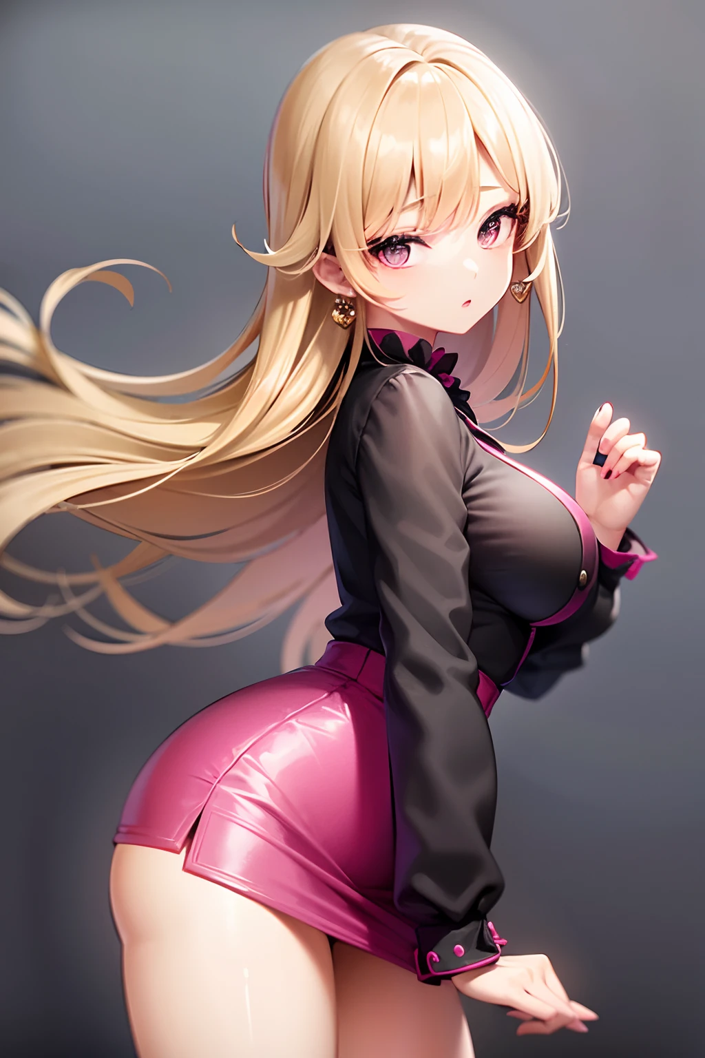 1 girl, solo, masterpiece, pink shirt,extra dark pink mini skirt,outside, large breasts,black eyes, blonde haired, open hairstyle, fancy round earings,fancy shirt, designer shirt, stockings, standing position, posing for photoshoot,ring, beautiful illustration, top-quality,hot,open button of shirt.