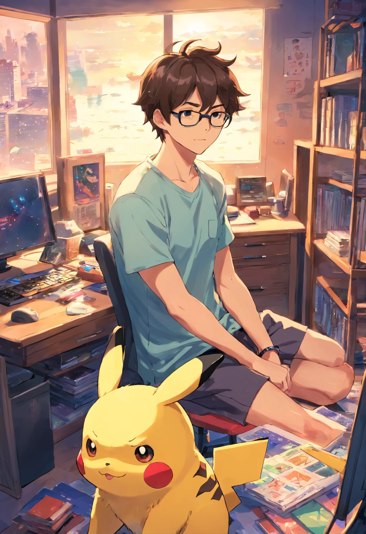 Homem jovem (corpo inteiro), of glasses in your room, sentado na cadeira gamer, (rosto detalhado), usando uma camisa do Pokemon e uma bermuda, com o pikachu olhando para a janela de seu quarto, com o videogame ligado