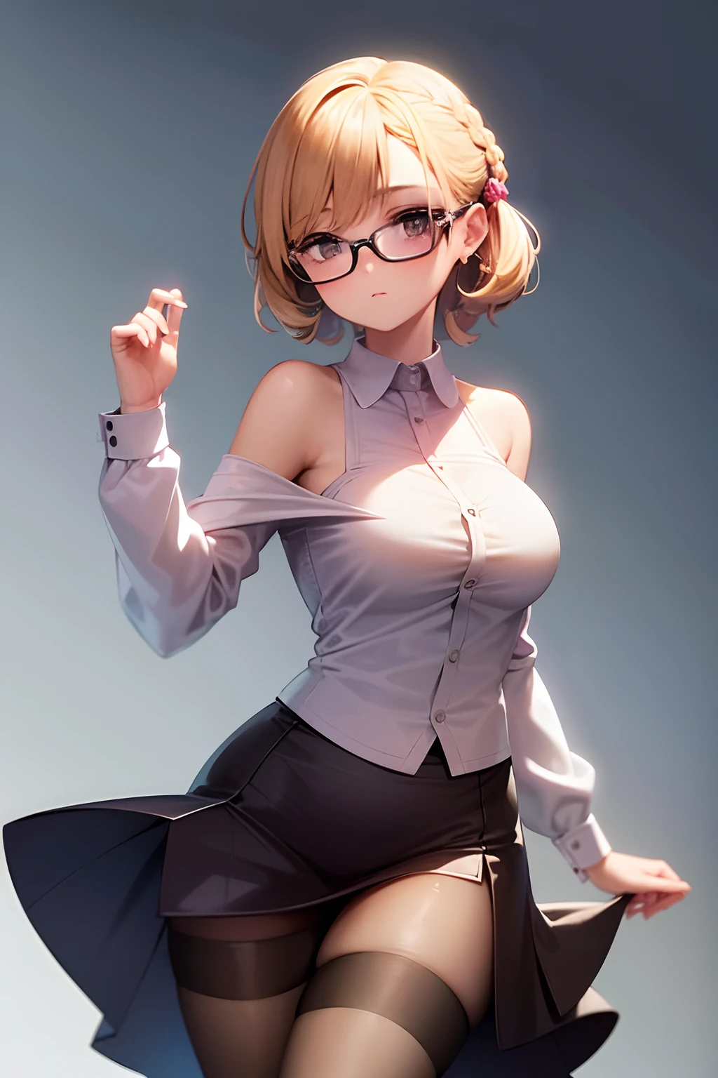 1 girl, solo, masterpiece, pink, half shoulder shirt, skirt,outside, large breasts,black eyes, blonde haired, open hairstyle, fancy round earings,fancy shirt, designer shirt, stockings, standing position, posing for photoshoot,ring, beautiful illustration, top-quality,hot, round spectacles, open button of shirt.