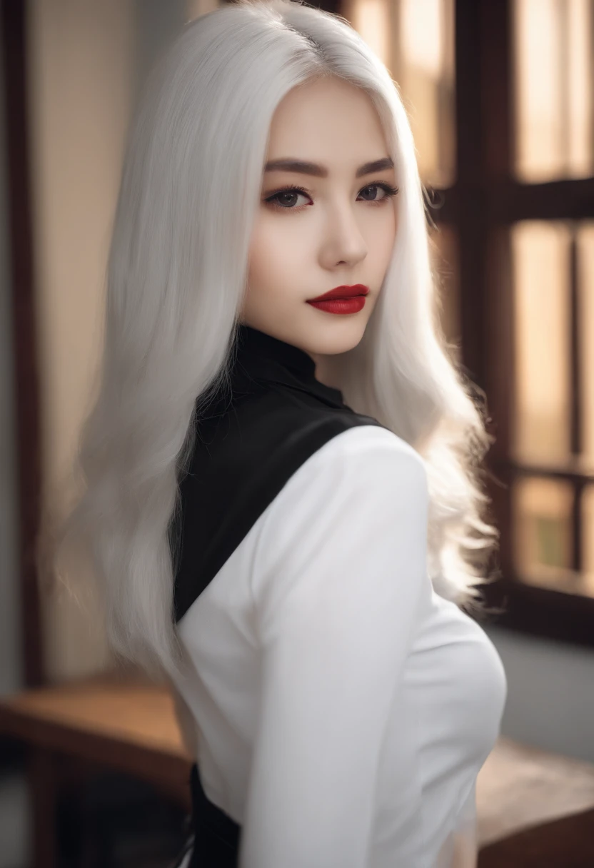 School white hair girl, wearing sexy white top, wearing sexy short black skirt, standing indoors, high quality color, high detail resolution, high definition and high quality image quality, 4k
