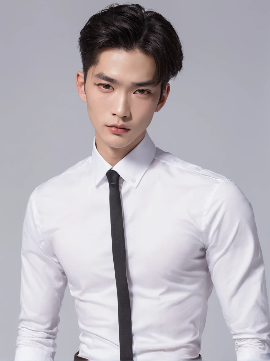 The man with black hair has blue and red eyes, wears a white shirt with a black tie, and wears black pants
