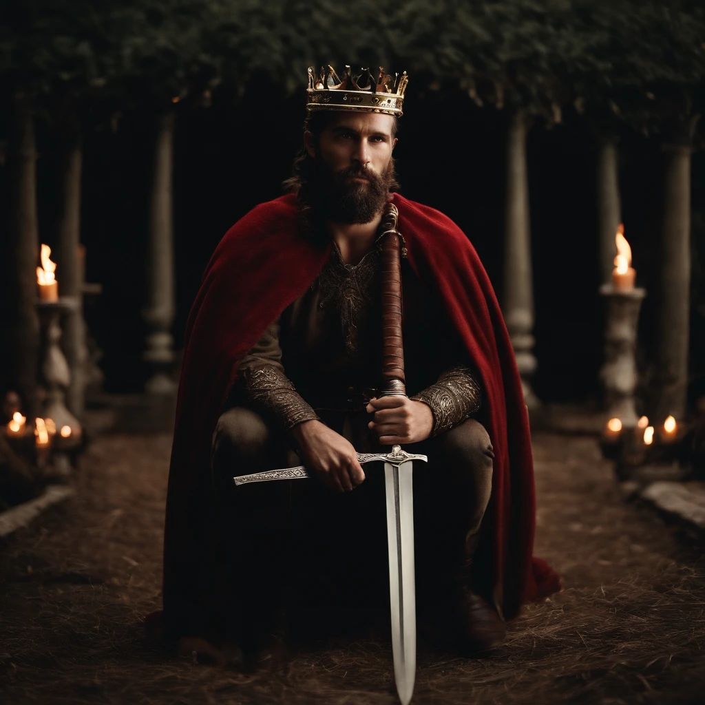 "A man with a crown on his head and a sword in his hand, em um ambiente majestoso e iluminado, in a sophisticated and detailed artistic style, com um cabelo ruivo, vermelho, barba vermelha." o fundo da imagem no campo