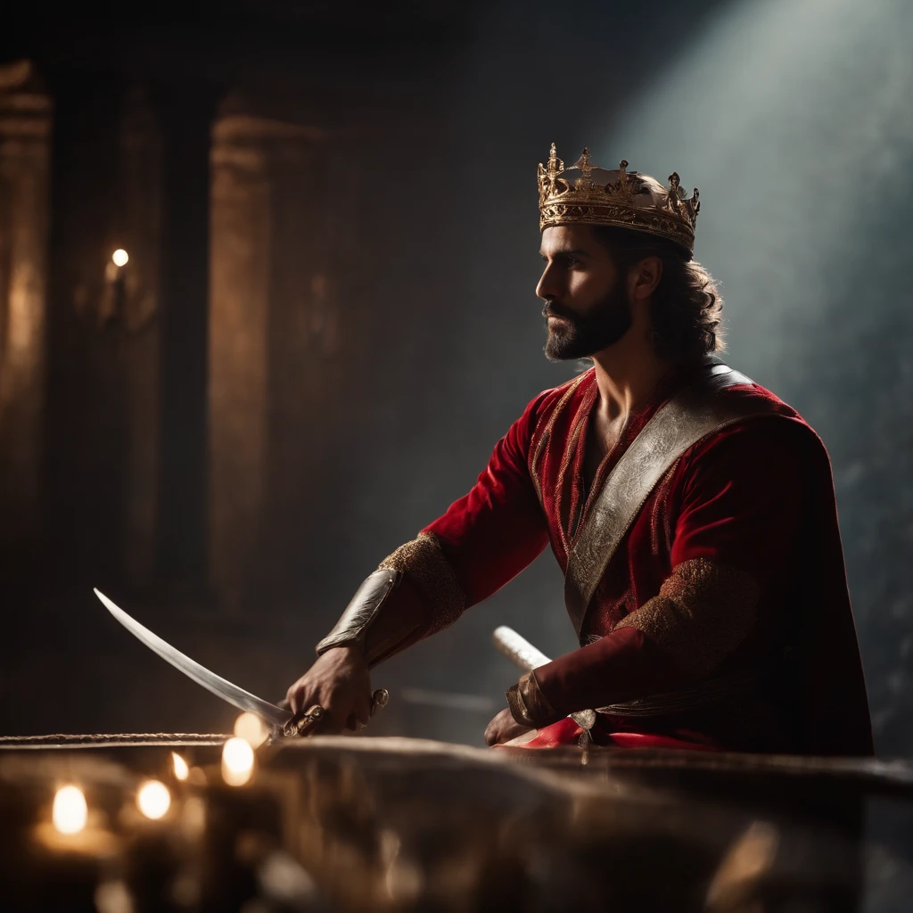 "A man with a crown on his head and a sword in his hand, em um ambiente majestoso e iluminado, in a sophisticated and detailed artistic style, com um cabelo ruivo, vermelho, barba vermelha." o fundo da imagem no campo