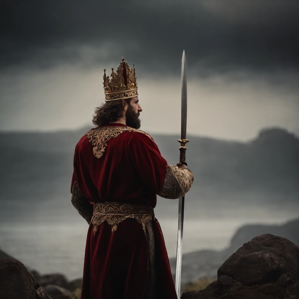 "A man with a crown on his head and a sword in his hand, em um ambiente majestoso e iluminado, in a sophisticated and detailed artistic style, com um cabelo ruivo, vermelho, barba vermelha." o fundo da imagem no campo