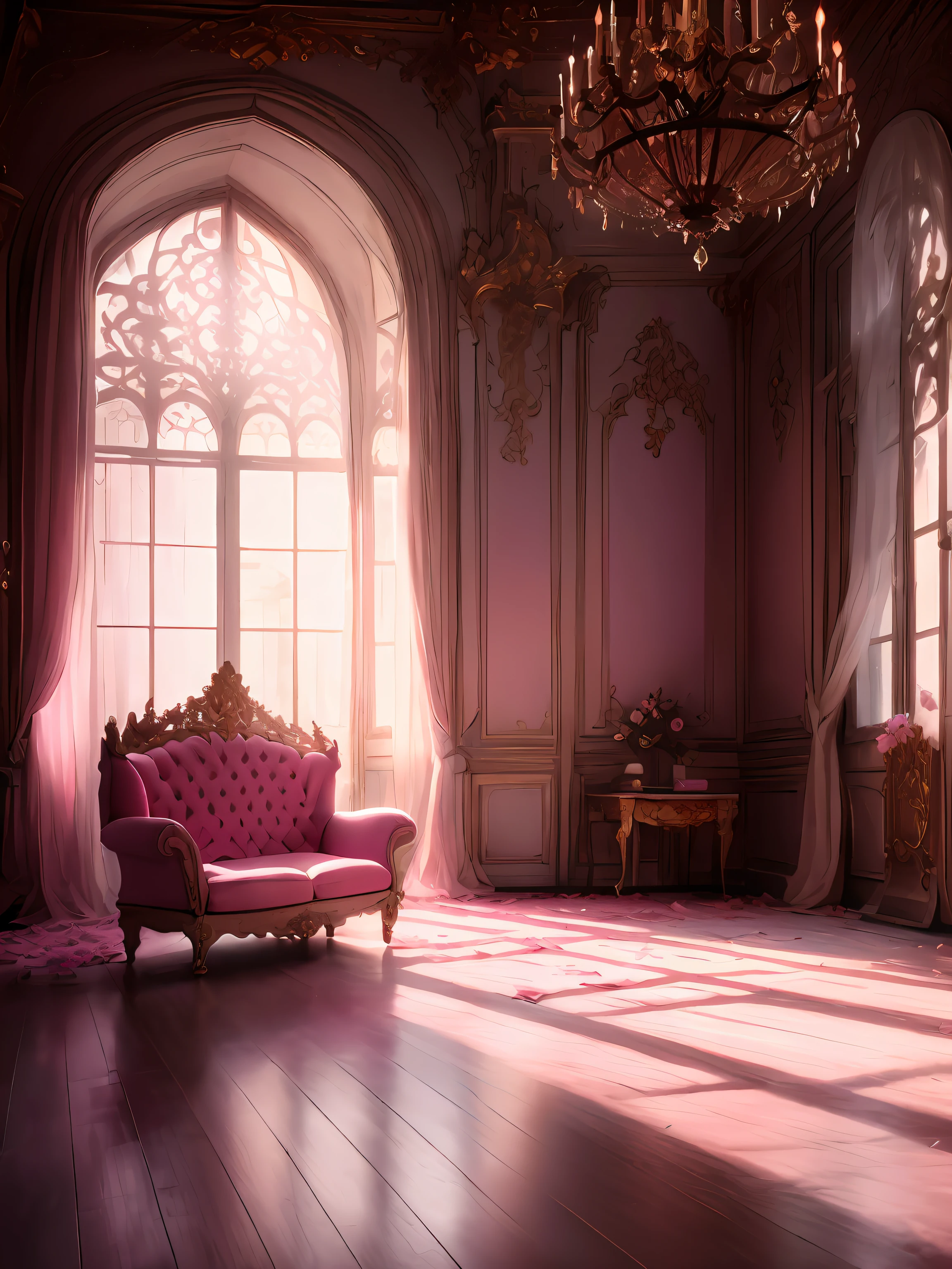 there is a room with a window and a pink rug on the floor, dreamy atmosphere and drama, miss aniela, an abandoned rococo salon, dreamy atmosphere, beautiful render of a fairytale, decadent throne room, atmospheric beautiful details, unreal engine ; romantic theme, bed of flowers on floor, dreamy scene, magical atmosphere + masterpiece