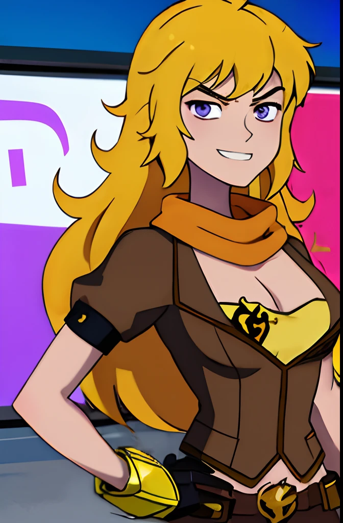 ben10af, (masterpiece, best quality:1.2), cowboy shot, solo, 1girl, ((((yang xiao long 1.2)))), grin, hand on hip, ahoge, purple eyes, brown jacket, yellow tube top, black shorts, black fingerless gloves, orange scarf, waist cape, midriff, cleavage, large breasts, beautiful eyes, highly detailed eyes,(((8k))),