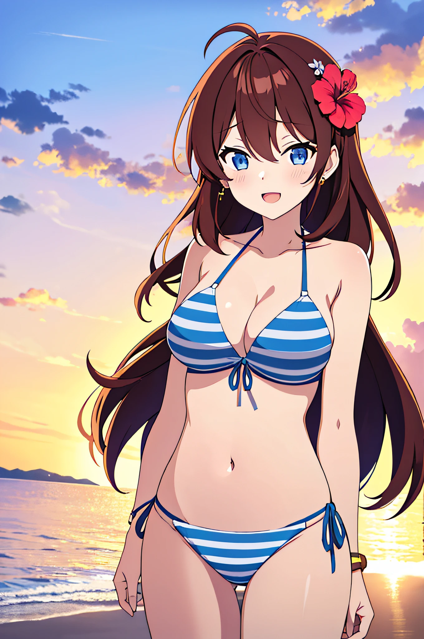1girl, solo, swimsuit, breasts, bikini, long_hair, flower, ichinose_shiki, hair_ornament, hair_flower, blue_eyes, striped_bikini, brown_hair, navel, smile, striped, looking_at_viewer, cleavage, open_mouth, jewelry, side-tie_bikini_bottom, sky, ahoge, sunset, outdoors, hair_between_eyes, halterneck, medium_breasts, collarbone, bracelet, hibiscus, string_bikini, :d, blush, bangs, earrings, cowboy_shot, bare_shoulders, standing, floating_hair, large_breasts, gradient_sky,