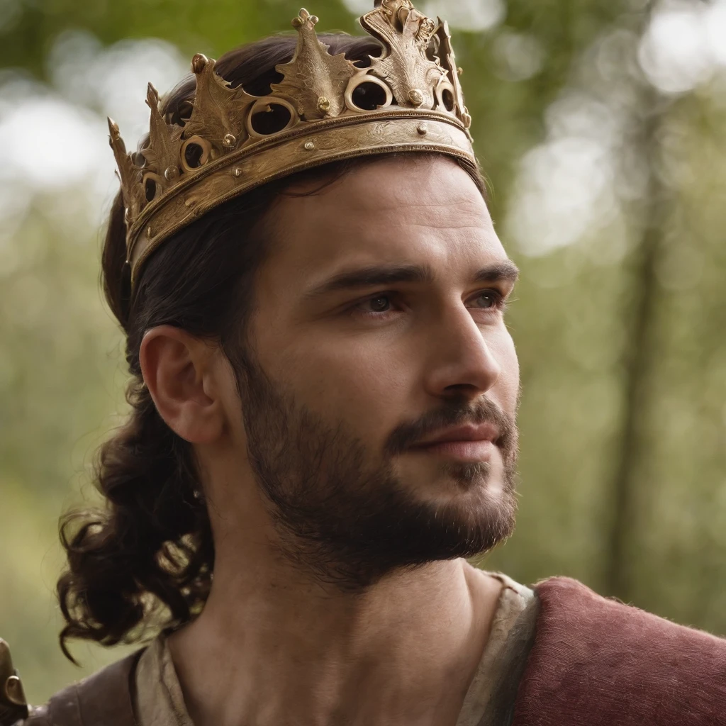 A man with a crown on his head and a sword in his hand, em um ambiente majestoso e iluminado, in a sophisticated and detailed artistic style, com um cabelo ruivo, vermelho, barba vermelha." o fundo da imagem no campo