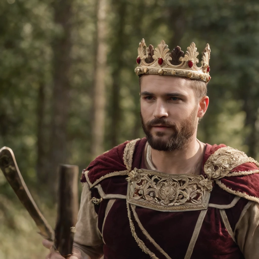 A man with a crown on his head and a sword in his hand, em um ambiente majestoso e iluminado, in a sophisticated and detailed artistic style, com um cabelo ruivo, vermelho, barba vermelha." o fundo da imagem no campo