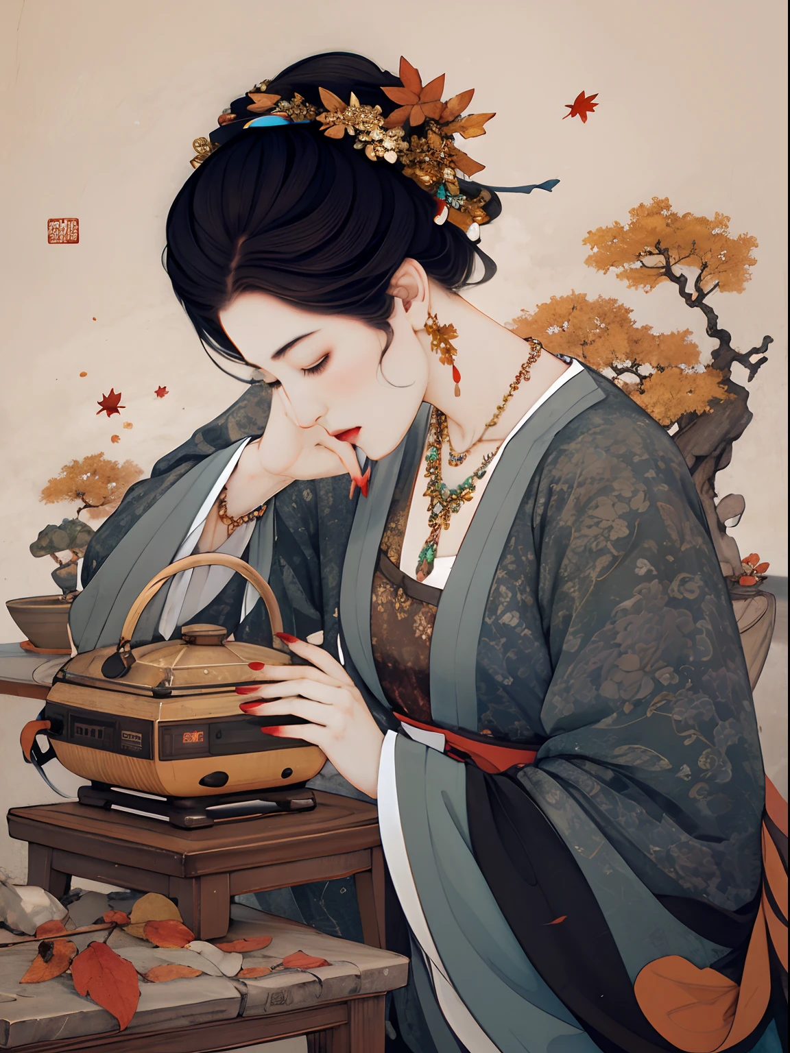 masterpiece, 1girl, nail_polish, jewelry, necklace, black_hair, closed_eyes, solo, dress,black_hair, ancient art, chinese, autumn scenery, falling leaves, warm color