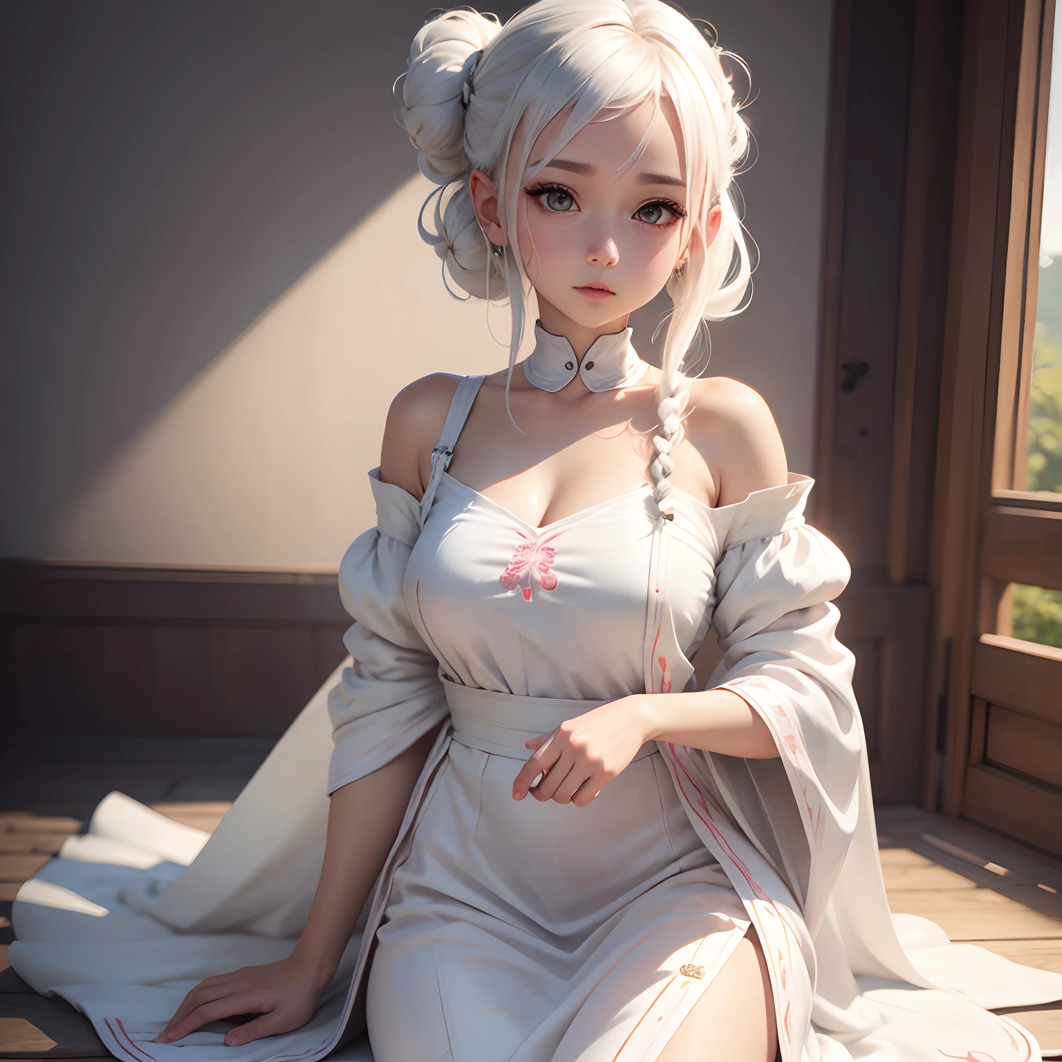 realistic, 1 Indian girl, white hair, small chest, purple eyes, glowing eyes, topples, unconcerned, NSFW, cleavage, mouth open, bare skin, undressed, sexy, blush, in the bed,