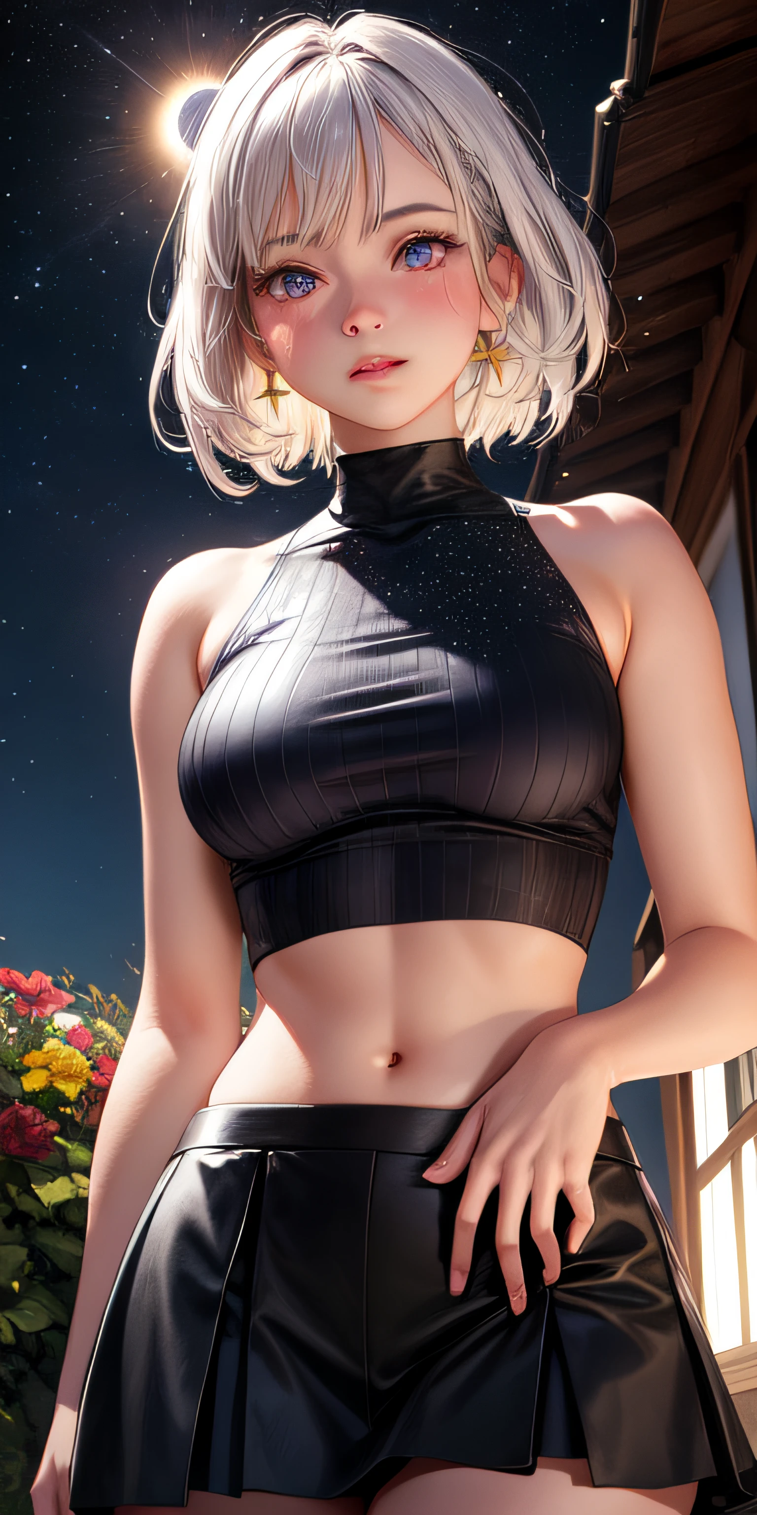 Realistic, 1girl, white hair, purple eyes, glowing eyes, crop top, skirt, closed lips, blush, starry night, flowers, sun, sunlight.