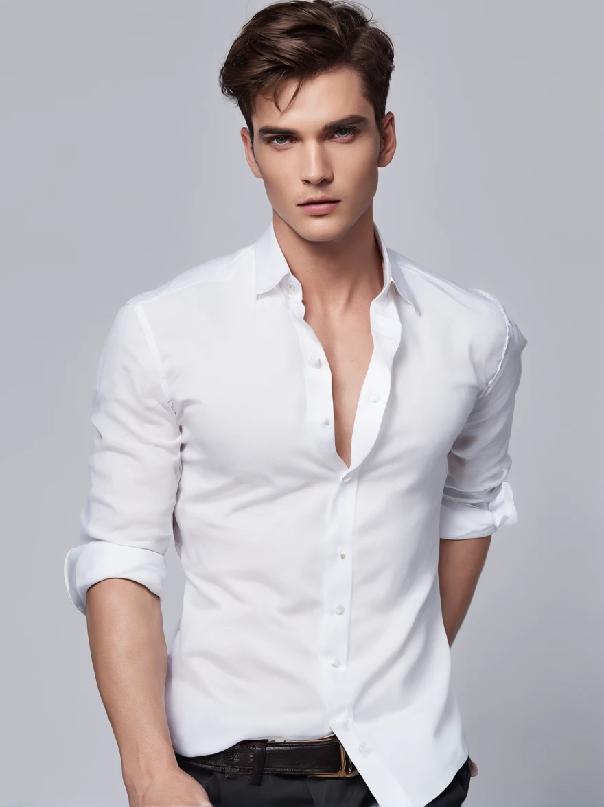 ( (10:1.27), Best qualtiy, master-piece, ultra-high resolution:1.2) Handsome man portrait, young，perfect face，Perfect body，White shirt，Leaky abdomen，Real Skin,realistic