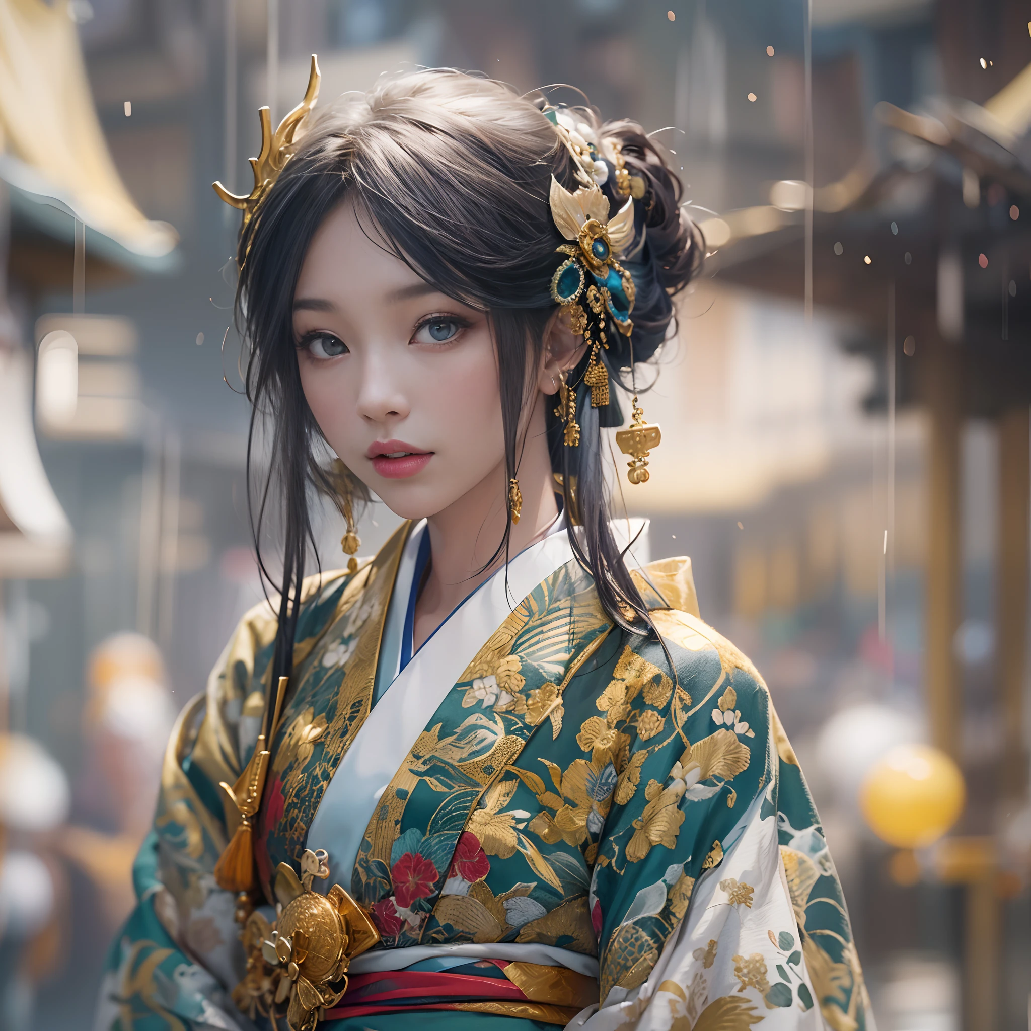 watching at viewers、for the background(ancient city:1.2)And the moon、((dense background))、(Colorful:0.8),,(Solo:1.2), (Ink splashing),(splashes of colour),((watercolor paiting)),BREAK {{{Luxury kimono(Colorful kimono(Detailed golden embroidery,))}}}、face perfect,Depict a beautiful and graceful woman of Japan。poneyTail、Woman with shiny black hair、perfect hand、Heart in the eye。full body Esbian。 Wallpaper 8K, .Blur the background with a sickle,((masutepiece)), ((Best Quality)),epicd(Lige Fries Photography、sony a7、50 millimeters、pores:1.5、Farbe、ultra-detailliert:1.5、film grains:1.4、hyper realisitic:1.5)、octan render、 ultra realistic lifelike textures、masterpiece、unrealengine5、the Extremely Detailed CG Unity 8K Wallpapers、Madly detailed photo、Ultra-realistic light、(Pulitzer Prize for Best Photography、Taylor Wessing Award for Best Photography)