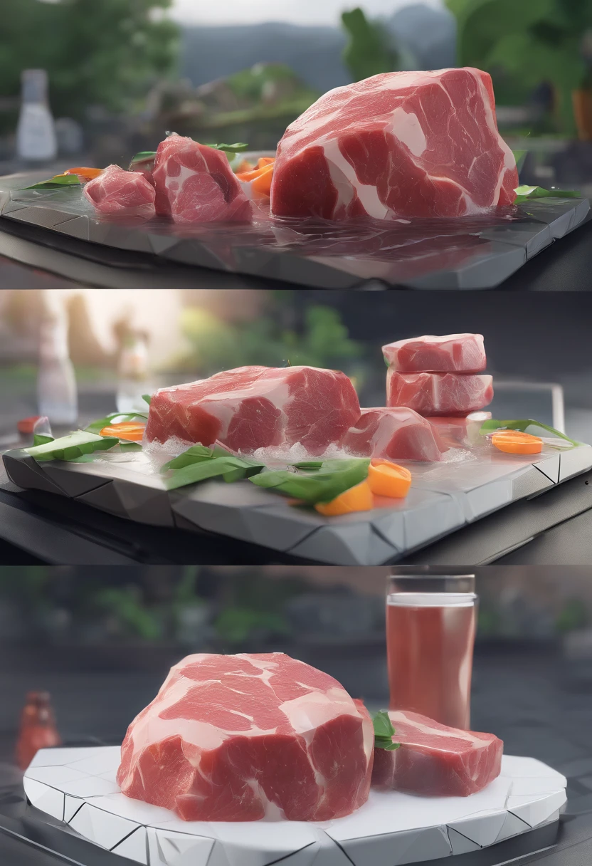 Cinematic RAW photo，ultra real photo，Ultra photo realsisim，Digital SLR，Soft lighting，Photo of fresh beef falling into the water、drippy、Splash clear liquid、water bloom，dynamic compositions，(Master parts) (Best quality) (A detailed) (Cinematic lighting) (foco nítido) (复杂), Master parts, Best quality, 超高分辨率, 8K  UHD