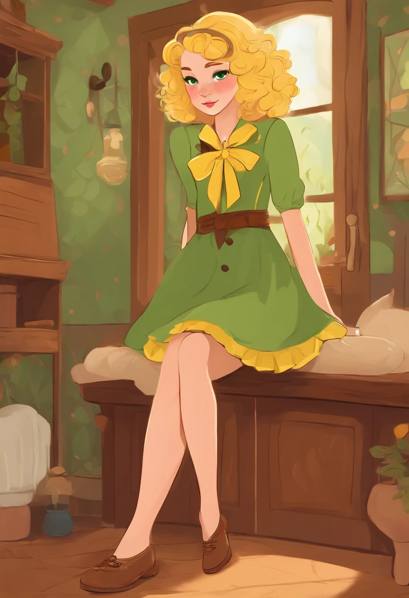 a blond girl with curly hair with a yellow hair bow on it, green eyes, wearing a green dress, with a brown shoes female style, living alone in a small house with a wood in your background