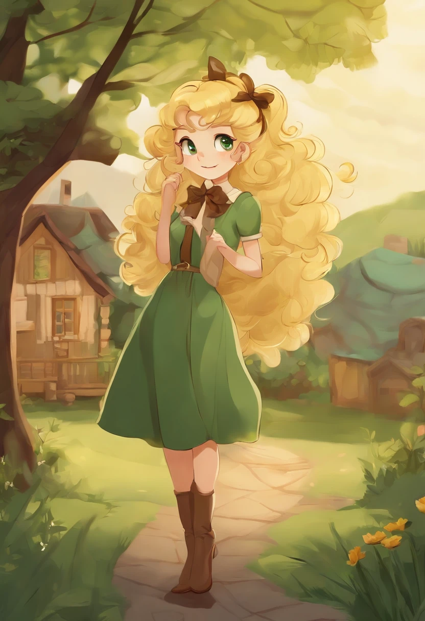 a blond girl with curly hair with a yellow hair bow on it, green eyes, wearing a green dress, with a brown shoes female style, living alone in a small house with a wood in your background