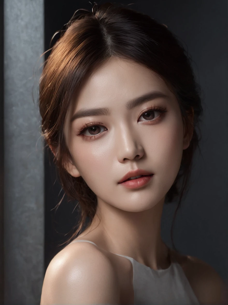 beste-Qualit, master-piece, ultra-high resolution, (photorealistic portrait:1.4), raw picture, 1 Korean Girl, Show your shoulders., In the dark, Deep Shadows, Low key, cold light,A Beautiful Girl ,nice skin ,cosmetic style