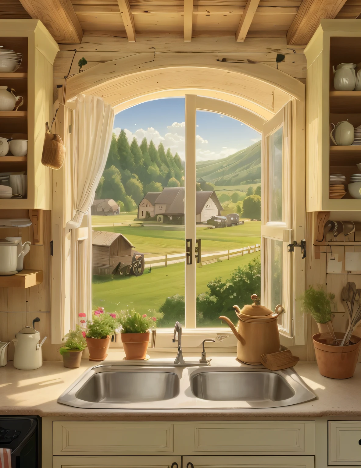 painting of a farm scene with a farm scene and a farm sink, by David B. Mattingly, by Susan Heidi, by David G. Sorensen, by Ronald Davis, rural splendor, by Rob Alexander, by John Blair, window open, inspired by Grant Wood, by Michael James Smith, by Mary Davis, by Wayne England, house kitchen on a sunny day