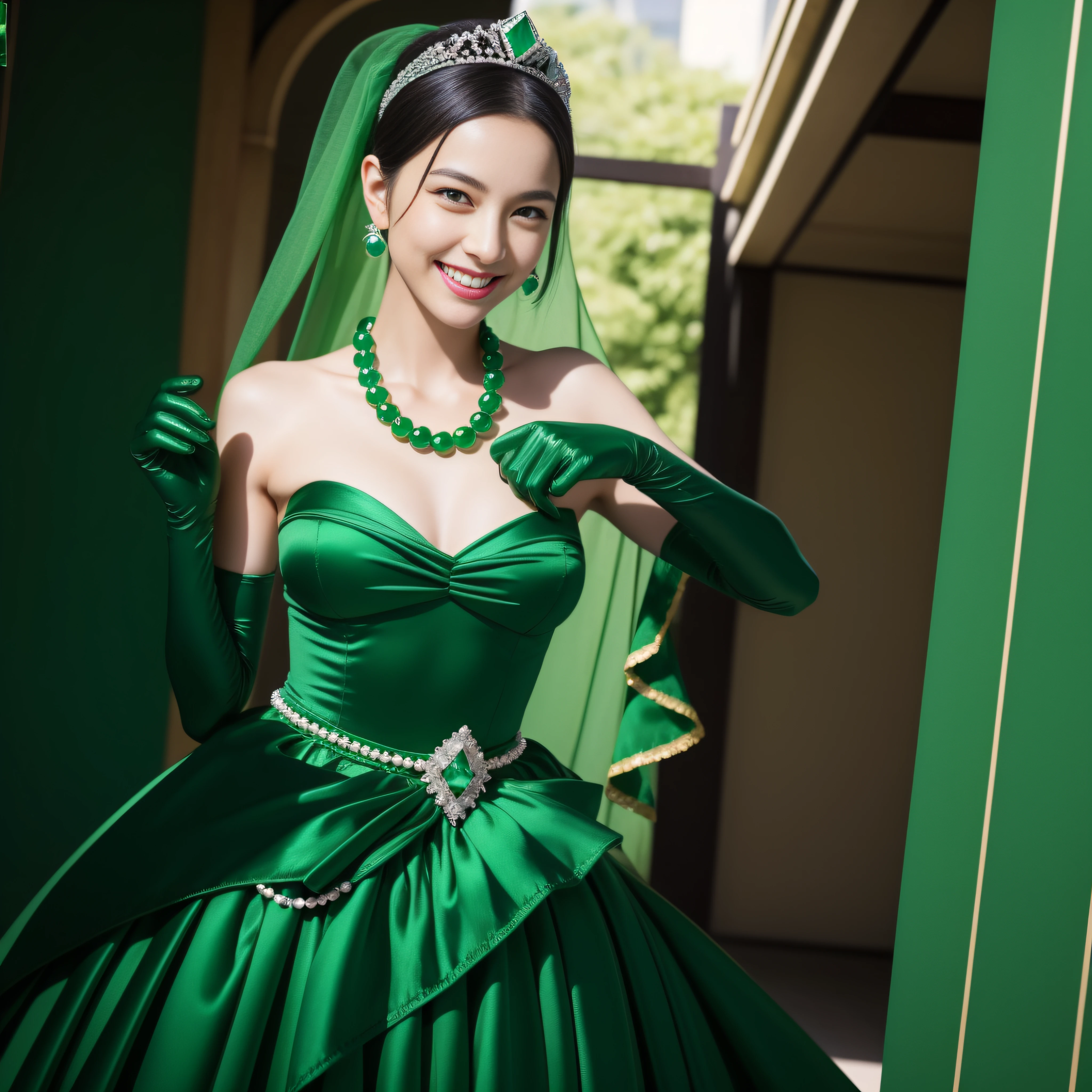 "(Best Quality,Realistic),Japan woman with beautiful smile,emerald tiara,Green Pearl Necklace,Boyish extremely short black hair,lip stick,Green eyes,Long Green Satin Gloves,short short hair, Green eyes, Emerald Earrings