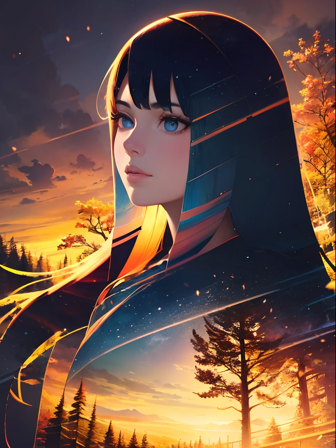 high quality, best quality, masterpiece, detailed portrait of female 1girl, long hair, autumn scenery, {{{best quality}}}, {{ultra-detailed}}, {illustration}, cinematic angle, {detailed light},cinematic lighting, dynamic pose