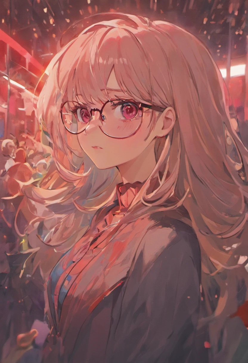 There is a woman with glasses and a necklace with a heart, inspired by Ion Andreescu, Inspired by Elsa Bleda, There is no Estiello Petra Collins, Simsbo, Wear prescription glasses, thick glasses, Long wet hair dripping, with square glasses, thick and red lips, solo portrait 🎨🖌️,Port wind