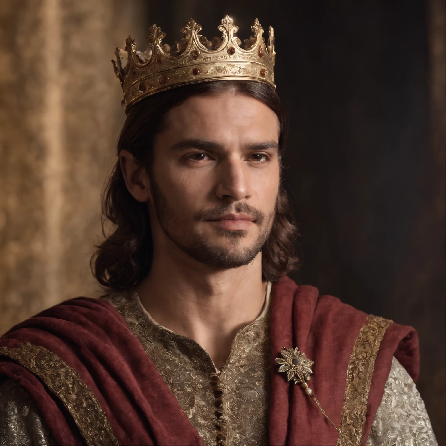 A man with a crown on his head and a sword in his hand, em um ambiente majestoso e iluminado, in a sophisticated and detailed artistic style, com um cabelo ruivo, vermelho, barba vermelha." o fundo da imagem no campo