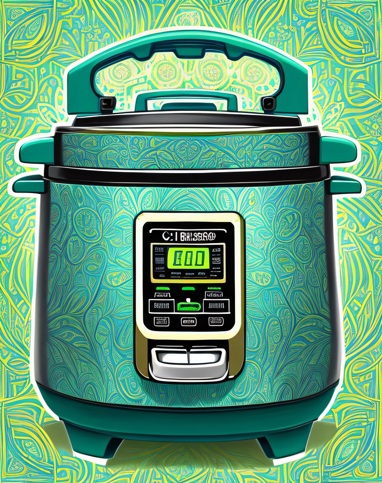 Digital art, Frontal view [scanner:rice cooker:5], Intricate details, Intricate details, Cyan and mint green background, sketched, Classicist art, glimmering, (Masterpiece, Best quality, Cinematic lighting) ,