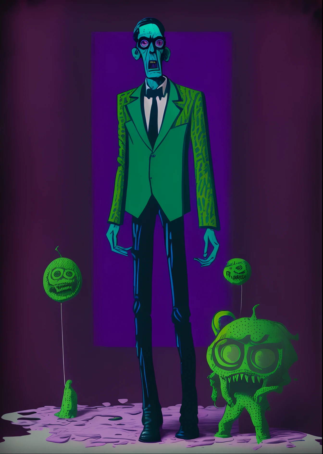 (Full body standing), Full body shot、Howard Phillips Lovecraft, a monster in the style of Howard Phillips Lovecraft horror, body horror, monster, by Andy Warhol, 8k, model dressed in ((((Pop art ))) clothes)
