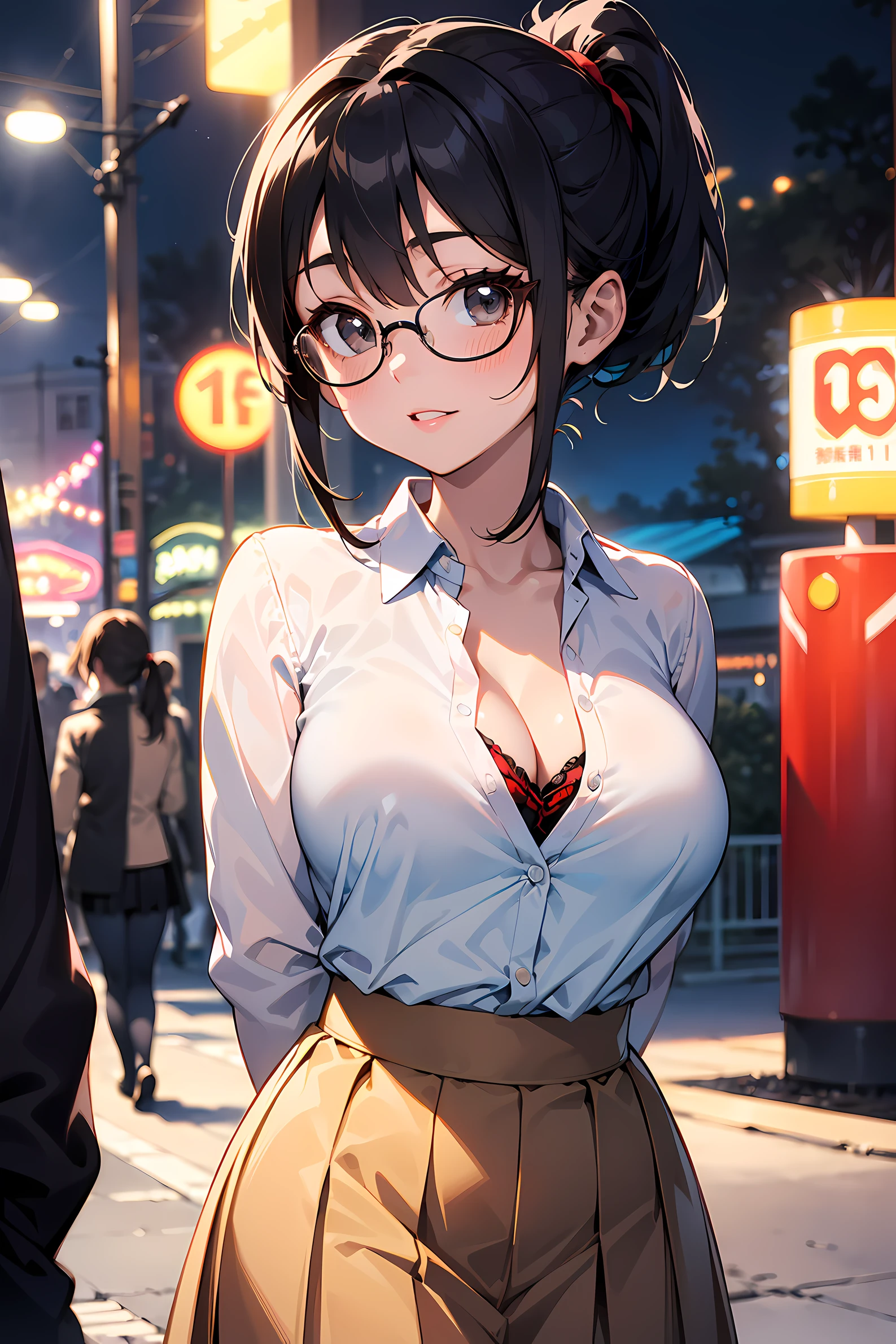 high resolution, Photo of a beautiful woman detailed_face, young handsome girl,realistic:0.5, perfect skin, (wearing a glasses:1.5), (ultra-detailed background, detailed background), bokeh, make happy expressions, happy emotion, gorgeous,pure, beautyfull detailed face and eyes,breasts, (black eyes:1.1), (Audrey Hepburn:1.3), (a extremely pretty and beautiful Japanese woman), (sexy girl), (professional attire:1.3), (22 years old: 1.1), BREAK, (blue collared shirt:1.2, long sleeve:1.2), (beige Pleated skirt:1.2), (leather boots))), cleavage, beautiful detailed skin, (cute:1.2), (blonde hair), ((jpop idol)), (upper thigh:0.6), (depth of field),soft light, Lens Glow looking at viewer, (Drooping eyes:1.2), straight teeth,smile, floating hair, (blond hair:1.2), brown eyes BREAK movie scene, cinematic, full colors, 4k, 8k, 16k, RAW photo, masterpiece, professionally color graded, professional photography, high school girl, hair up, , soft clean focus, realistic lighting and shading, (an extremely delicate and beautiful art)1.3, elegant,active angle,dynamism pose BREAK (ponytail:1.3), (shiny-black thin hair:1.2), bangs, dark brown eyes, beautiful eyes, princess eyes, (big eyes:1.3), bangs, wearing a glasses:1.3, Hair between eyes, short hair:1.3, (slender:1.1), (medium-breasts:0.95), (thin waist: 1.15), (detailed beautiful girl: 1.4), Parted lips, Red lips, full-make-up face, (shiny skin), ((Perfect Female Body)), (upper body image:1.3), Perfect Anatomy, Perfect Proportions, (most beautiful Korean actress face:1.3, extremely cute and beautiful Japanese actress face:1.3), ,(1glasses girl:1.3, solo), ,(blush:1.1), gray background, solo focus, (bust shot:1.2), cinematic light, (nostalgic night scene:1.4), (amusement park:1.4), the vibrant glow of neon lights, retro-styled carnival rides, (arms behind back :1.4), (looking at viewer:1.2