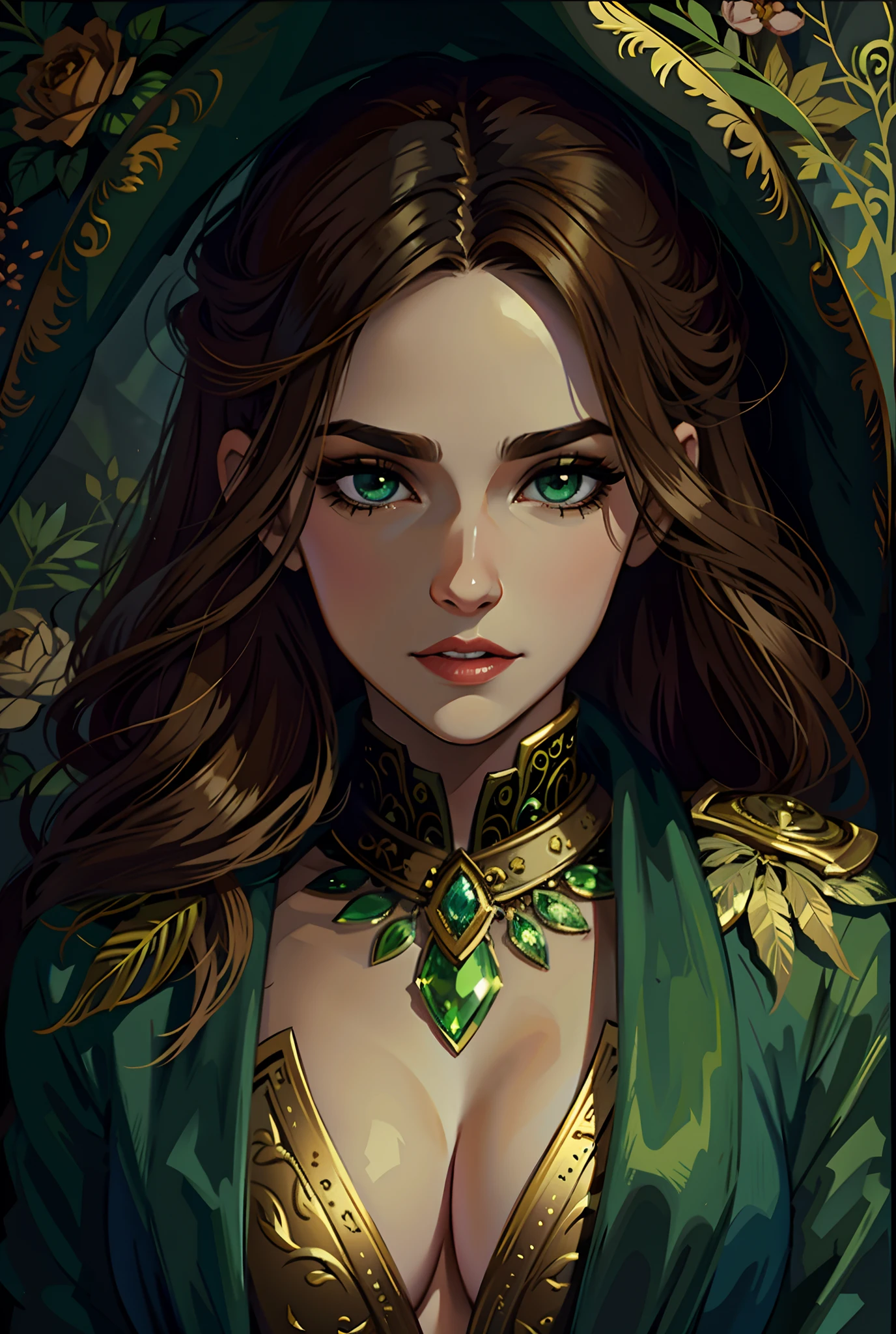 Uma bela mulher de olhos verdes e cabelos castanhos longo ondulado (Brown hair) (Detailed strokes) princess eyes eyelashes sexy curvy villain dark smile