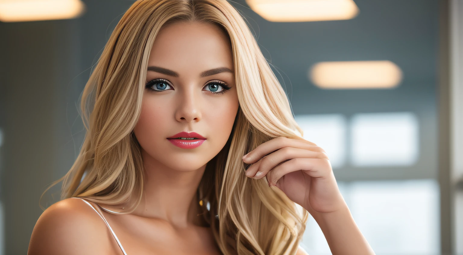 A young and beautiful woman, blonde hair,Gently drop to your shoulders in waves, Medium Tall, Big green eyes, with fair skin, in the office, The environment is illuminated by warm and pleasant lights,Make your hair sparkle, His face was naturally serene, Lips with red lipstick, 8K texture, highly detailed, realisticlying, Soft cinematic light, hdr, sharp fokus, tmasterpiece, Fotor is realistic, Award-winning photography, a Canon EOS R5, 35 mm