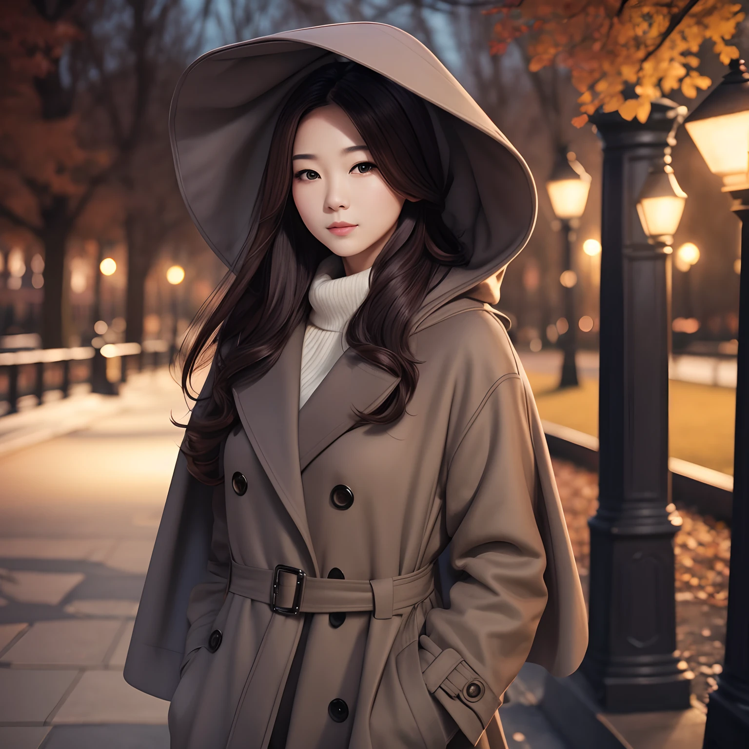 Portrait photo, Realistic, handsome girl, hairlong, 30 years, walks in the park in the evening, overcoat, bonnet