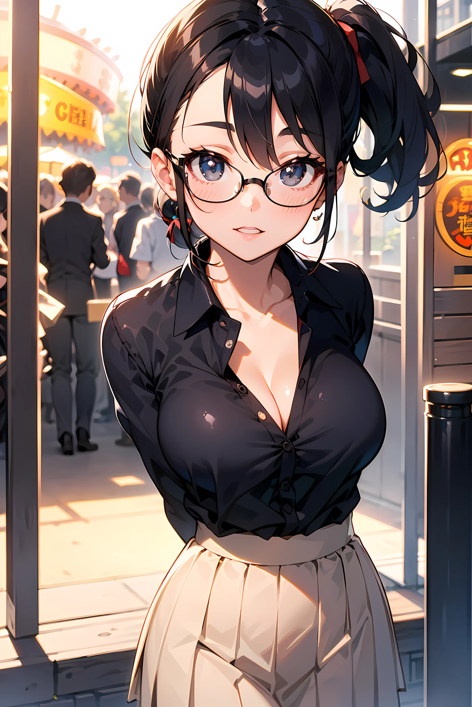 high resolution, Photo of a beautiful woman detailed_face, young handsome girl,realistic:0.5, perfect skin, (wearing a glasses:1.5), (ultra-detailed background, detailed background), bokeh, make happy expressions, happy emotion, gorgeous,pure, beautyfull detailed face and eyes,breasts, (black eyes:1.1), (Audrey Hepburn:1.3), (a extremely pretty and beautiful Japanese woman), (sexy girl), (professional attire:1.3), (22 years old: 1.1), BREAK, (blue collared shirt:1.2, long sleeve:1.2), (beige Pleated skirt:1.2), (leather boots))), cleavage, beautiful detailed skin, (cute:1.2), (blonde hair), ((jpop idol)), (upper thigh:0.6), (depth of field),soft light, Lens Glow looking at viewer, (Drooping eyes:1.2), straight teeth,smile, floating hair, (blond hair:1.2), brown eyes BREAK movie scene, cinematic, full colors, 4k, 8k, 16k, RAW photo, masterpiece, professionally color graded, professional photography, high school girl, hair up, , soft clean focus, realistic lighting and shading, (an extremely delicate and beautiful art)1.3, elegant,active angle,dynamism pose BREAK (ponytail:1.3), (shiny-black thin hair:1.2), bangs, dark brown eyes, beautiful eyes, princess eyes, (big eyes:1.3), bangs, wearing a glasses:1.3, Hair between eyes, short hair:1.3, (slender:1.1), (medium-breasts:0.95), (thin waist: 1.15), (detailed beautiful girl: 1.4), Parted lips, Red lips, full-make-up face, (shiny skin), ((Perfect Female Body)), (upper body image:1.3), Perfect Anatomy, Perfect Proportions, (most beautiful Korean actress face:1.3, extremely cute and beautiful Japanese actress face:1.3), ,(1glasses girl:1.3, solo), ,(blush:1.1), gray background, solo focus, (bust shot:1.2), cinematic light, (nostalgic night scene:1.4), (amusement park:1.4), the vibrant glow of neon lights, retro-styled carnival rides, (arms behind back :1.4), (looking at viewer:1.2
