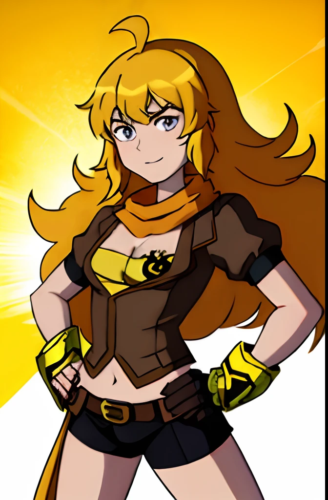 ben10af, (masterpiece, best quality:1.2), cowboy shot, solo, 1girl, ((((yang xiao long 1.2)))), grin, hand on hip, ahoge, purple eyes, brown jacket, yellow tube top, black shorts, black fingerless gloves, orange scarf, waist cape, midriff, cleavage, large breasts, beautiful eyes, highly detailed eyes,(((16k))) upper body