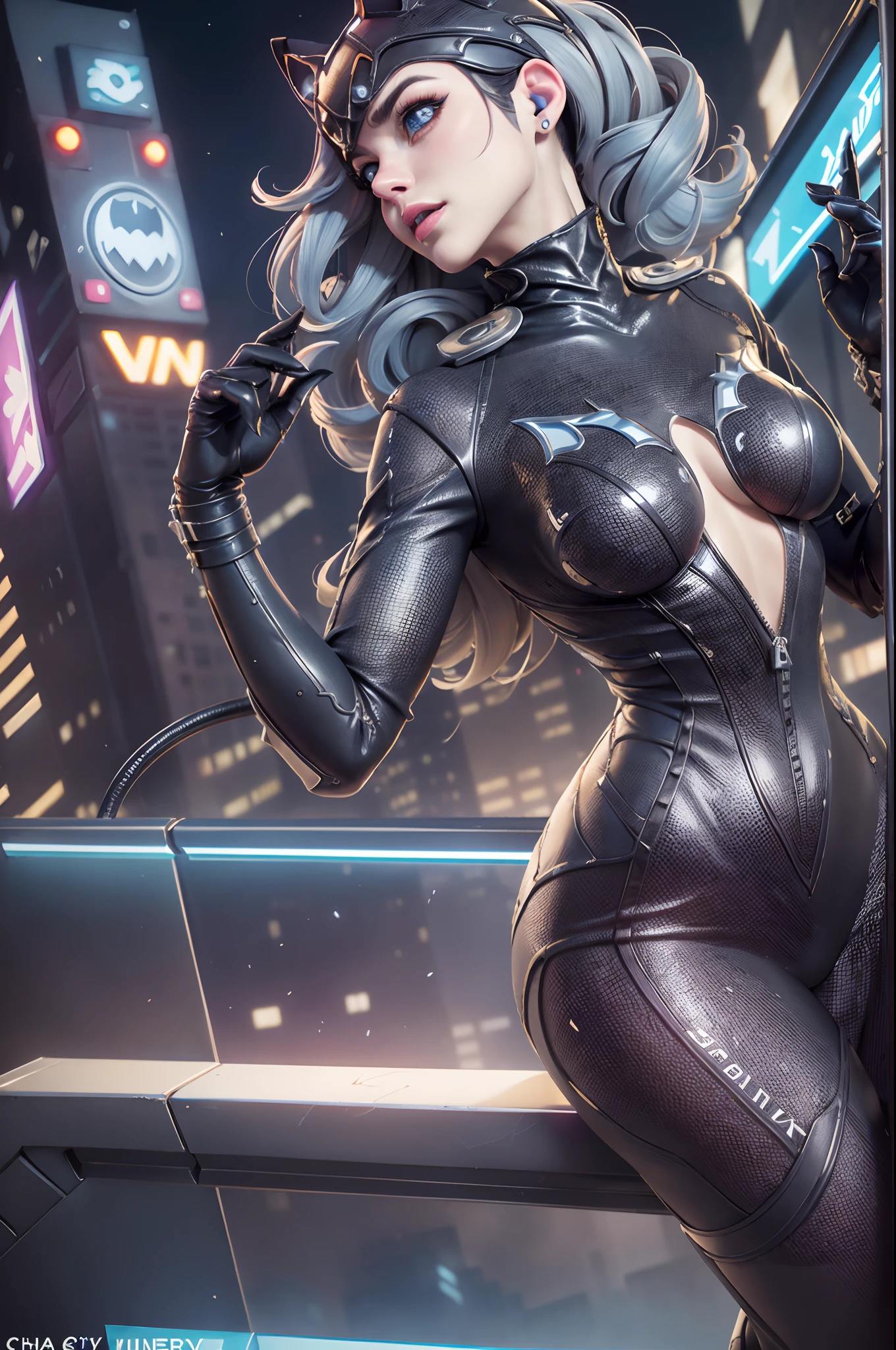 (​masterpiece、4K resolution、A hyper-realistic、ighly detailed、Turn your back), (Black Superheroes theme、Charisma、There is a girl in a Catwoman costume above the town、with his back turned。She's a superhero)、 [((25-years old)、(Long grey hair:1.2)、full body Esbian、(blue eyess:1.2))、((Sandy urban environment):0.8)|(A city scape、natta、Dinamic Light)]#illustrate:Prompts are mainly ultra high definition、very real、Describes highly detailed 4K paintings。A superheroine in a Catwoman costume is depicted at the top of the city。((Ultra-wide-angle lens shooting)), ((Shot looking up from below:1.3)), (((Neon light))),