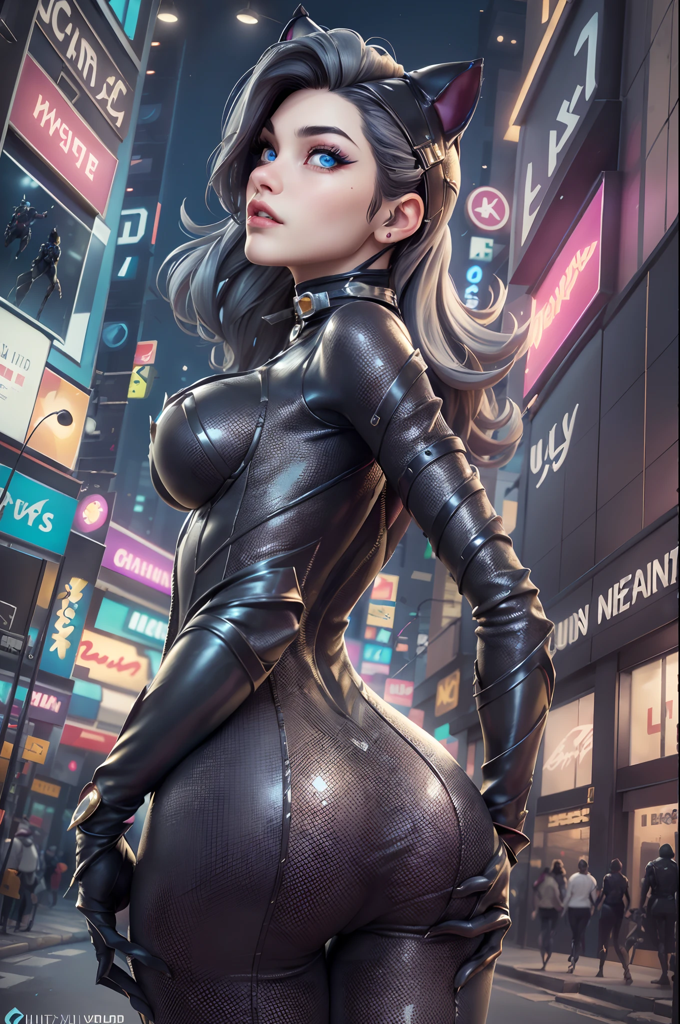 (​masterpiece、4K resolution、A hyper-realistic、ighly detailed、Turn your back), (Black Superheroes theme、Charisma、There is a girl in a Catwoman costume above the town、with his back turned。She's a superhero)、 [((25-years old)、(Long grey hair:1.2)、full body Esbian、(blue eyess:1.2))、((Sandy urban environment):0.8)|(A city scape、natta、Dinamic Light)]#illustrate:Prompts are mainly ultra high definition、very real、Describes highly detailed 4K paintings。A superheroine in a Catwoman costume is depicted at the top of the city。((Ultra-wide-angle lens shooting)), ((Shot looking up from below:1.3)), (((Neon light))),