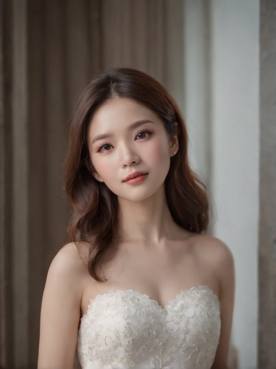 beste-Qualit, master-piece, ultra-high resolution, (photorealistic portrait:1.4), raw picture, 1 Korean Girl,white dress,Show your shoulders., In the dark, Deep Shadows, Low key, cold light,A Beautiful Girl ,nice skin ,cosmetic style,show to much skin