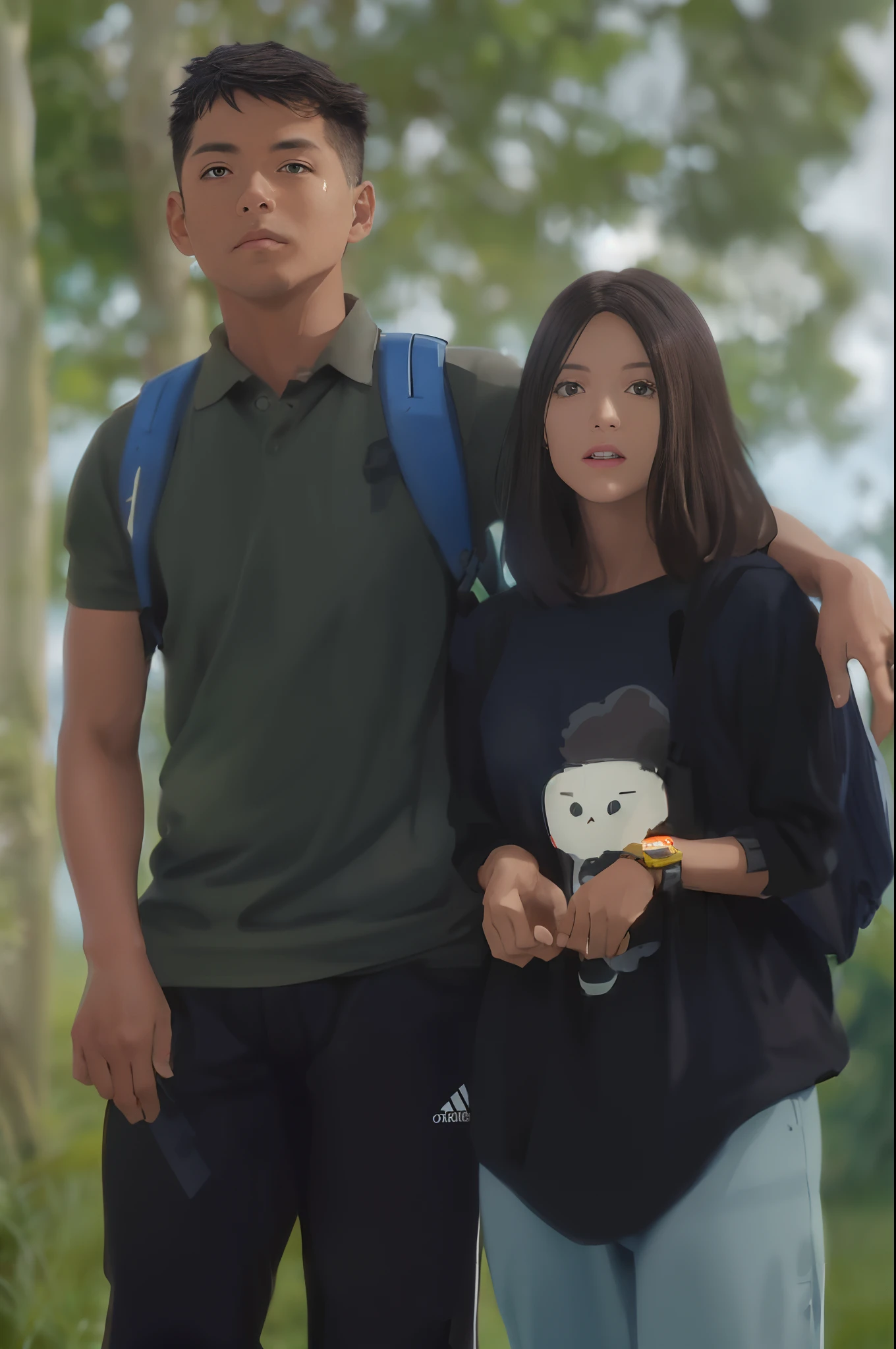 (beautiful and magnificent skyline, majestic sky), (extremely tense and dramatic pictures, moving visual effects), (high hanging Polaris, colorful natural light), (1girl), (long-sleeved top, denim shorts, carrying a backpack), (dynamic pose:1.3, black eyes, black hime-cut hair, sparkling girl)[:0.8], (large grassland), (oncoming breeze), (brown hair and background Coordination effect: 1.2), (close shot, long shot mix and match)[::0.9]