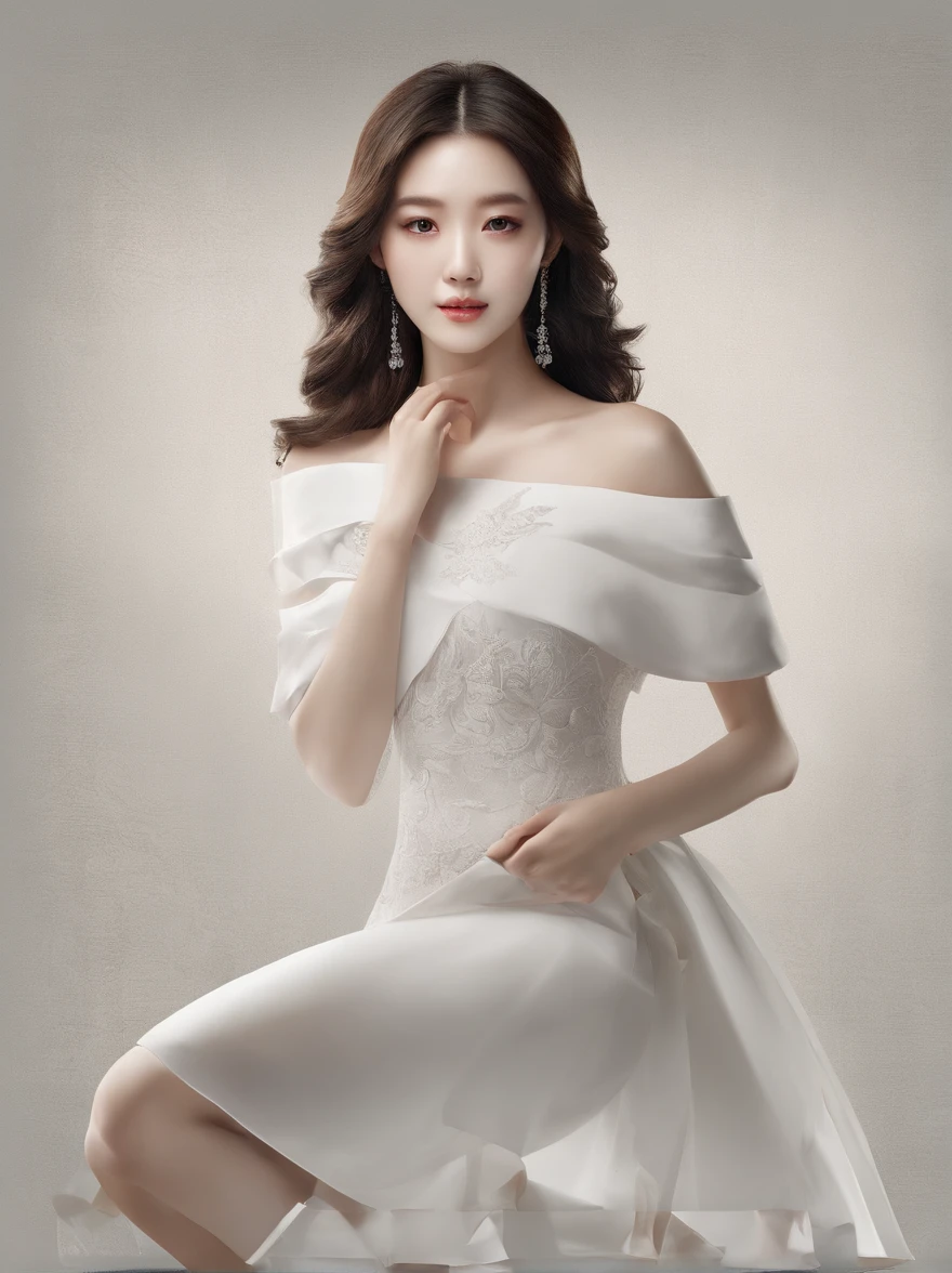 beste-Qualit, master-piece, ultra-high resolution, (photorealistic portrait:1.4), raw picture, 1 Korean Girl,white dress,Show your shoulders., In the dark, Deep Shadows, Low key, cold light,A Beautiful Girl ,nice skin ,cosmetic style,show to much skin