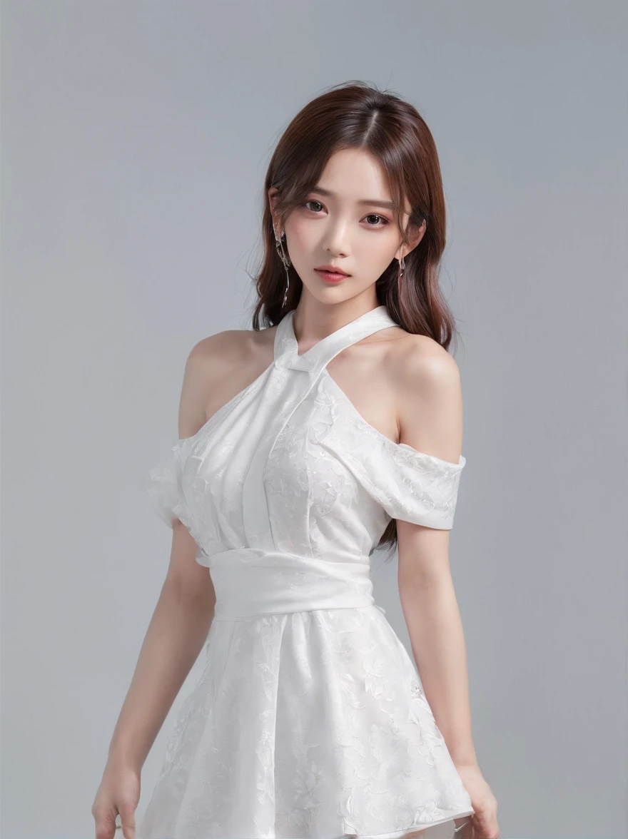 1girl, black formal long dress,white background,