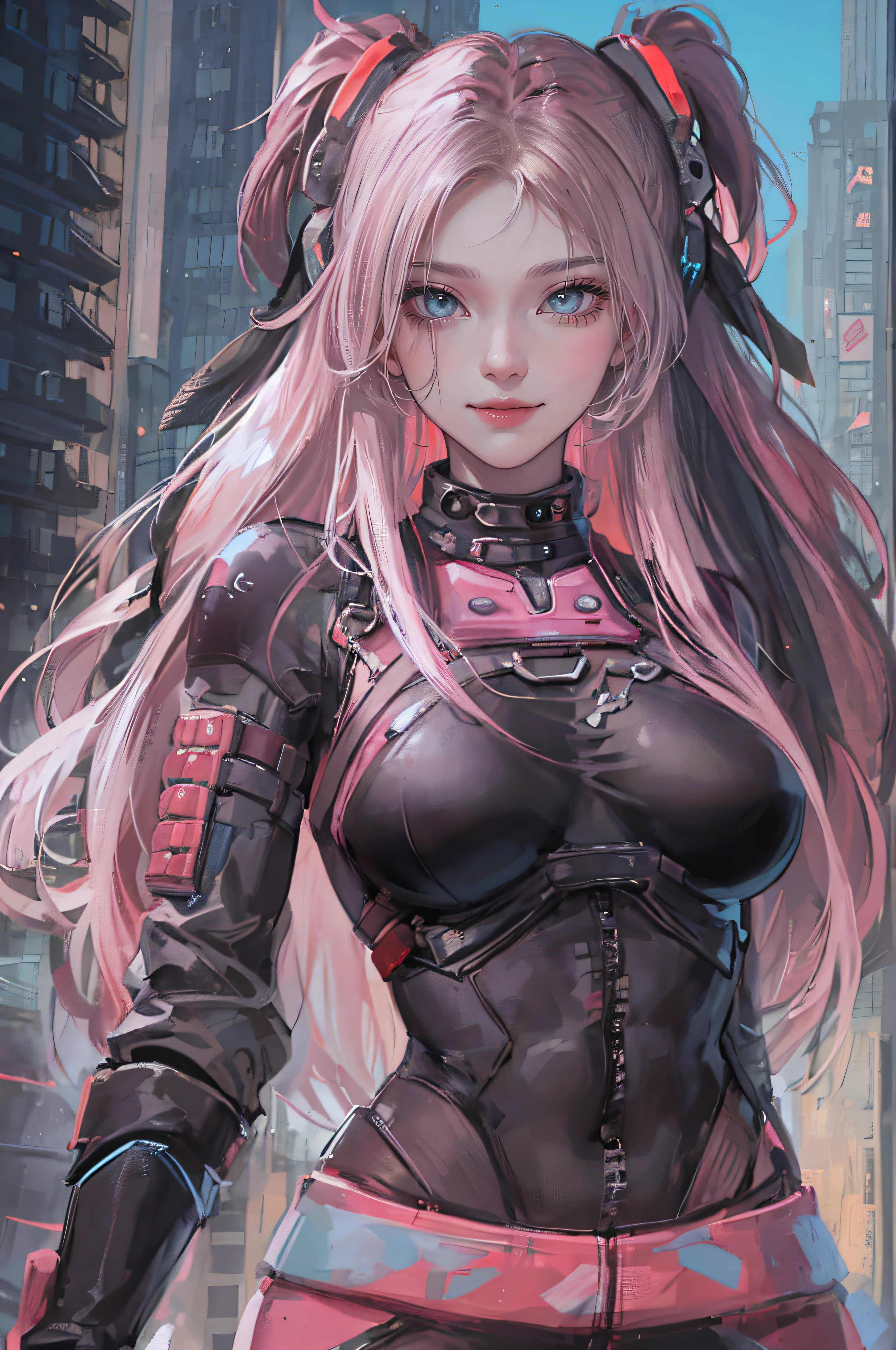 ((Sexy and beautiful female ninja)), ((22-year-old beauty)), ((beautiful and cool smile)), ((colorful long hair)), ((pink and black outfit) ), (( Rich bust)), ((gradient eyes)), ((background is a cyberpunk city)), fascinating makeup, single view, NFFSW, UHD, retina, masterpiece, accurate, anatomically, scientifically correct, Textured skin, super detail, high detail, high quality, award winning, top quality, high resolution, 1080P, HD, 4K, 8k, 16k
