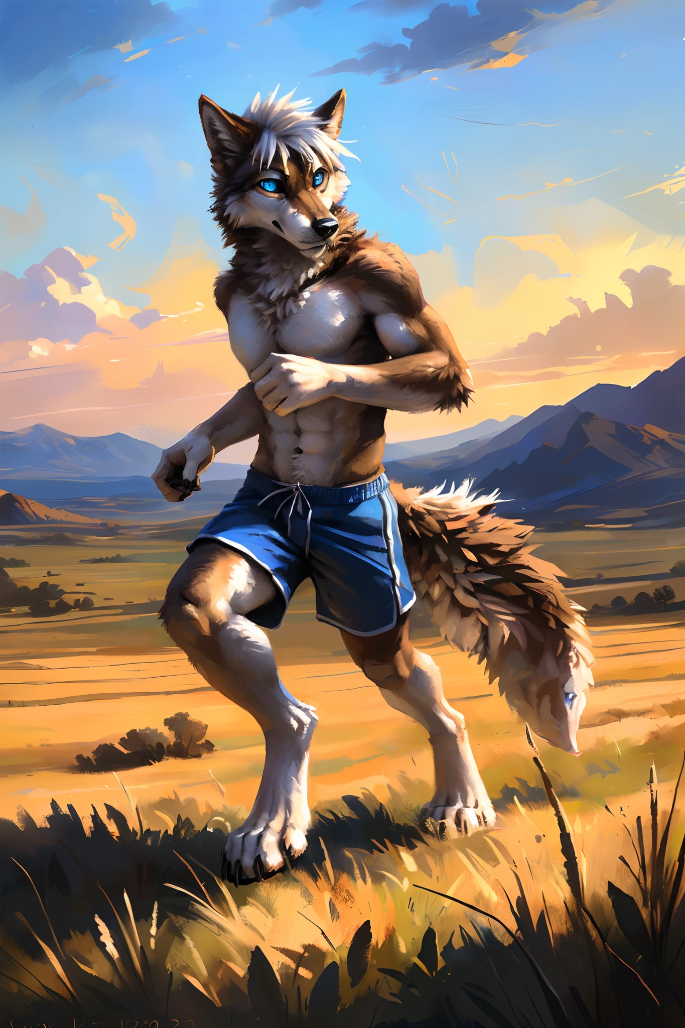 ((Solo)), male people, anthro wolf, (Multi-colored fur, White-brown:1.3，White tail pointed), (Height 2.1m,Tail length 1.2m), ((Wolf face, Big eyes, White eyelids, Blue pupil, Slim:1.2) (Tough, Calm expression:1.2)), Abs, Slim, pinging)), (Correct anatomy), (Work shorts:1.1), The upper body  naked, (detailed outfits),A long big tail，Feet，(Realistic fur, Detailed fur texture, labeled:1.3)), (Natural lighting), Photorealistic, Hyperrealistic, ultradetailed, by Kenket，In a sea of flowers，erect through，Running on