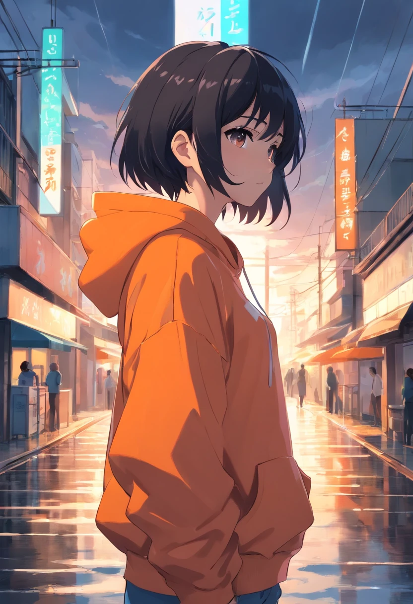 1 persons, Black hair slightly curly, oversized orange hoodie, Pale white skin, Hot, Cool, Behind the storm