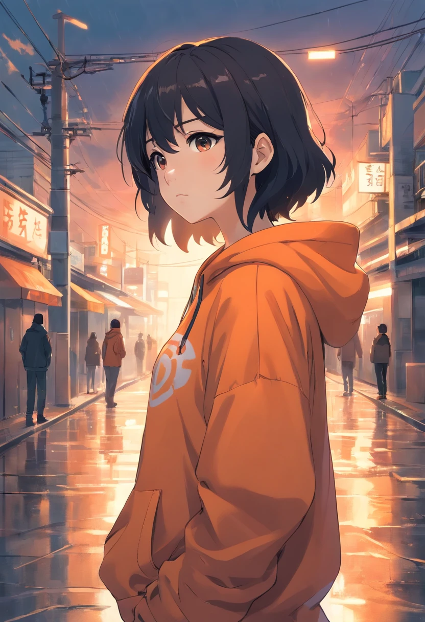 1 persons, Black hair slightly curly, oversized orange hoodie, Pale white skin, Hot, Cool, Behind the storm