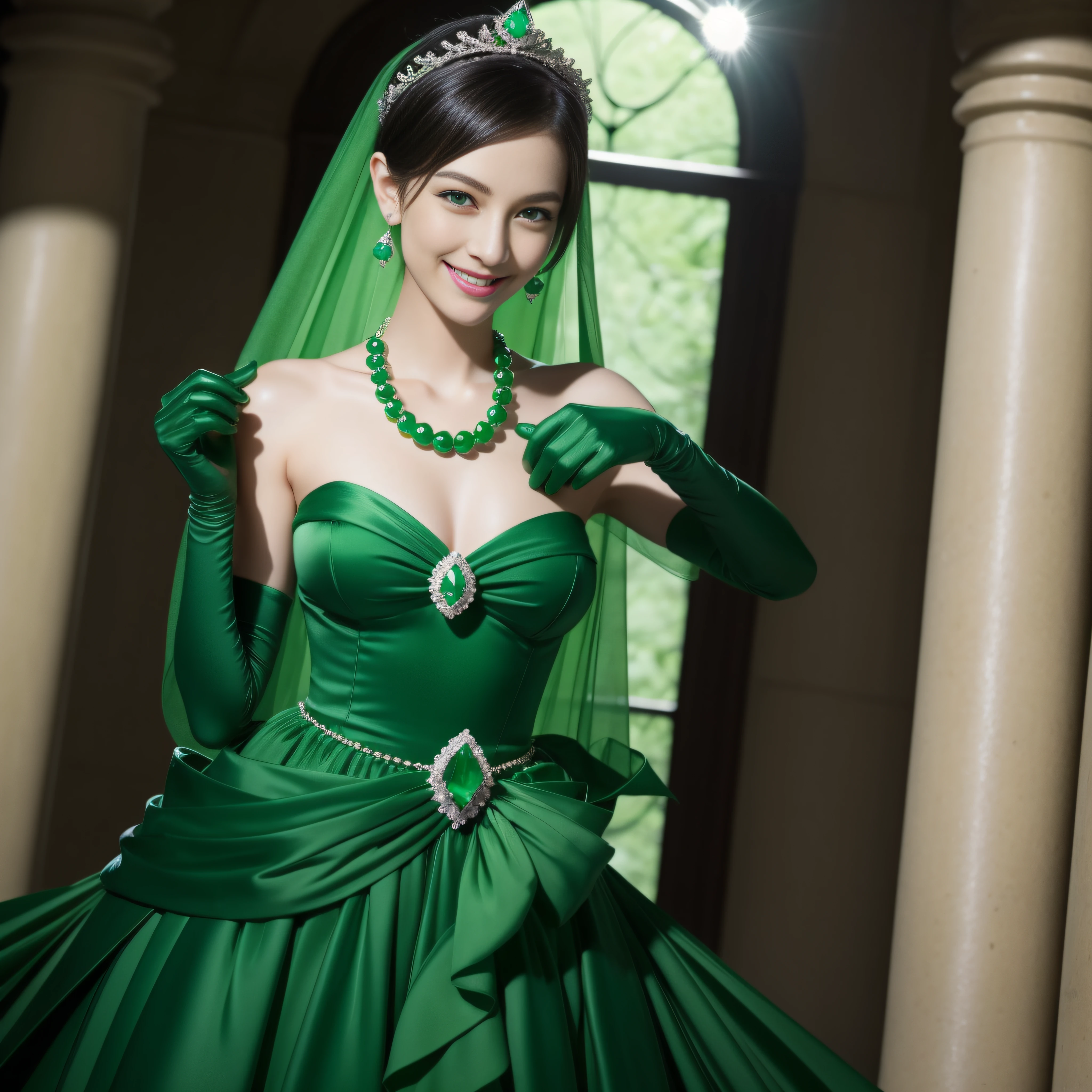 emerald tiara, Green Pearl Necklace, Boyish very short black hair, lipsticks, Japan woman smiling, very short short hair, big breasts beautiful, Green eyes, Long green gloves made of satin material, Green eyes, Emerald Earrings