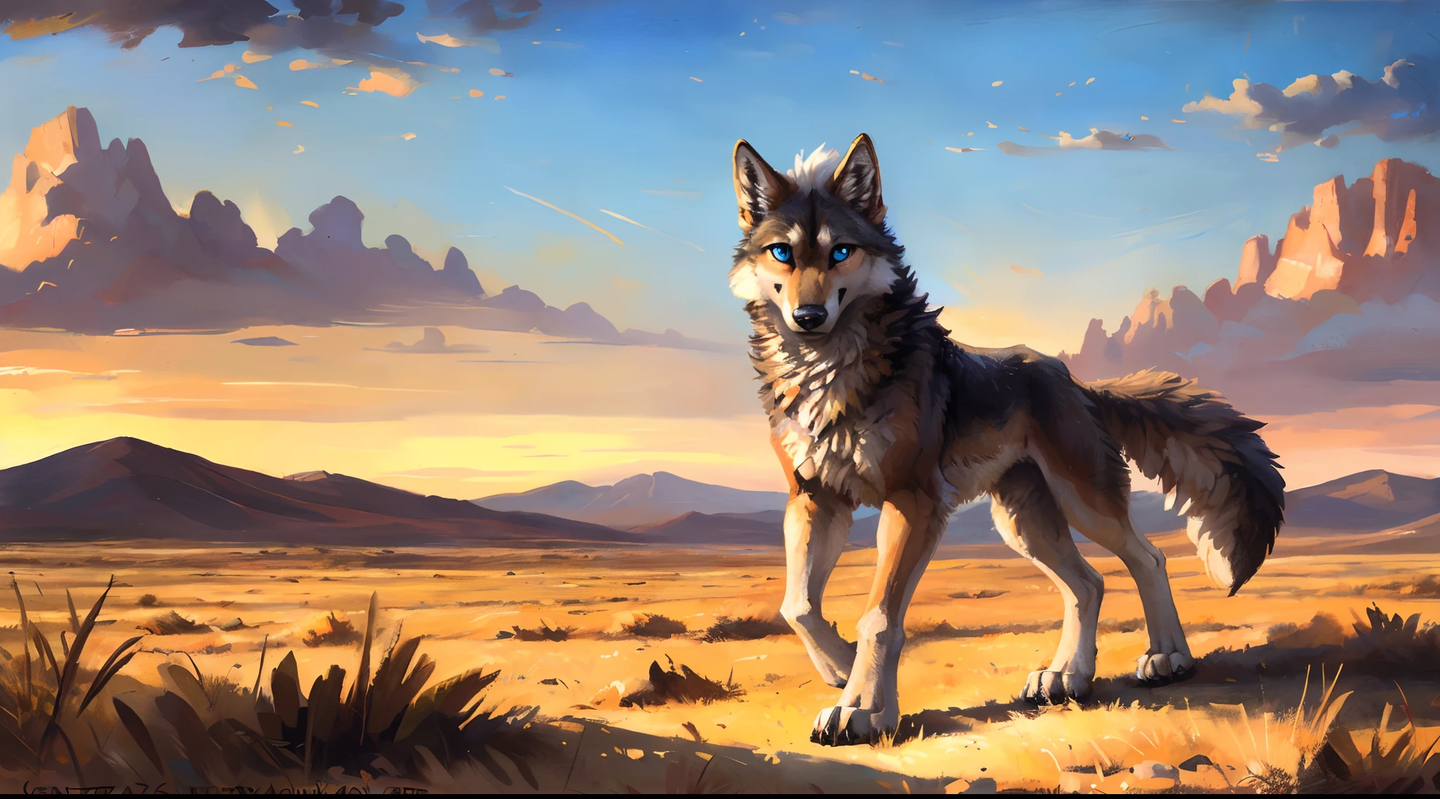 ((Solo)), male people, coyote, (Multi-colored fur, White-brown:1.3), ((Wolf face, White hair, Big eyes, White eyelids, Blue pupil, Slim:1.2) (Tough, Calm expression:1.2)), Abs, Slim, pinging)), (Correct anatomy), A big tail,Feet,longtorso,(Realistic fur, Detailed fur texture, labeled:1.3)), (Natural lighting), Photorealistic, Hyperrealistic, ultradetailed, by Kenket,Naked all over the body,Endless grasslands,Walking
